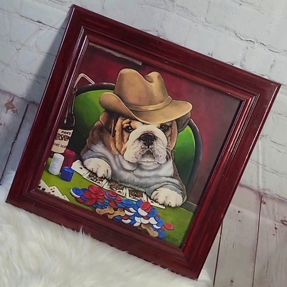 Mahogany Framed Glass English Bull Dog Pup Puppy Poker Gambling Vegas Cowboy Art - Picture 11 of 16